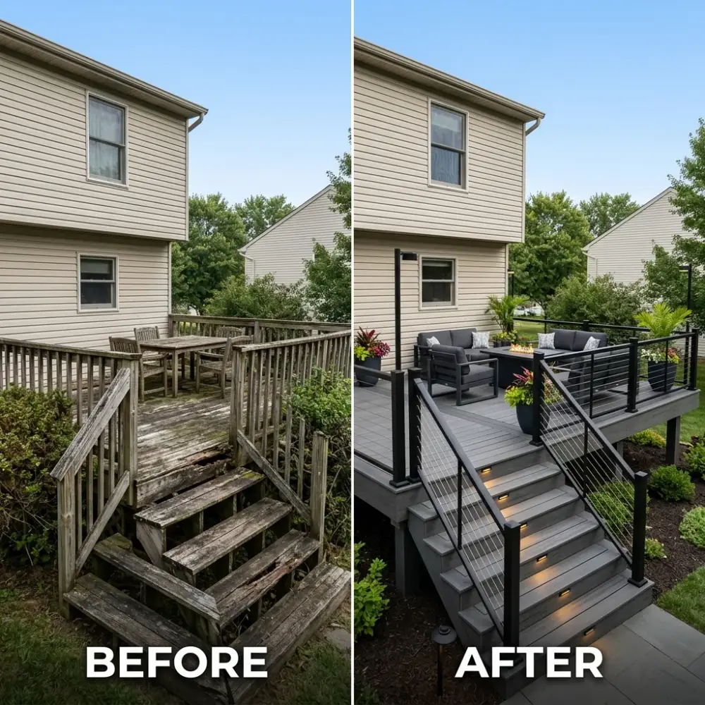 Before: outdated pressure-treated deck with deteriorating railings