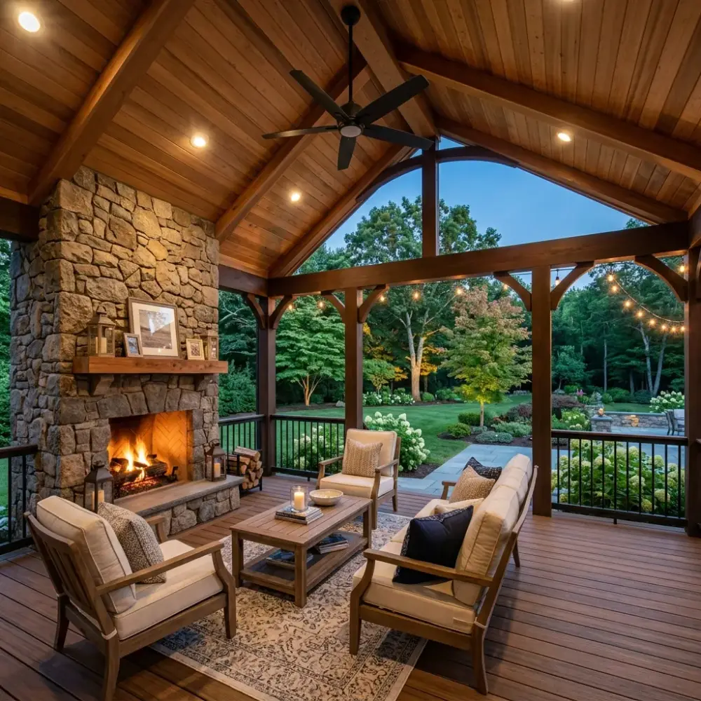 Covered outdoor living space with elegant porch design in a Massachusetts home