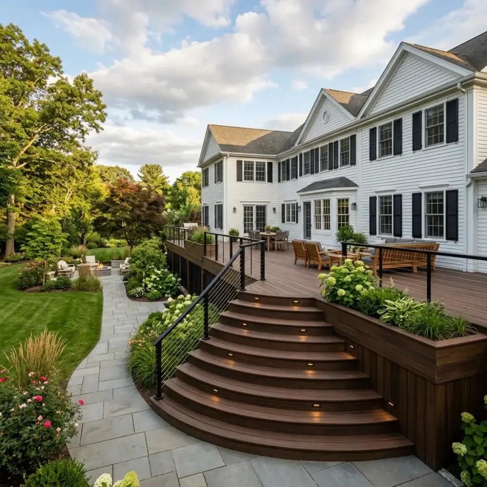 Custom luxury deck with premium composite decking and architectural railings