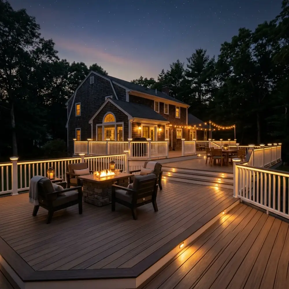 Deck steps lit by warm low-voltage LED under-rail and stair riser lights