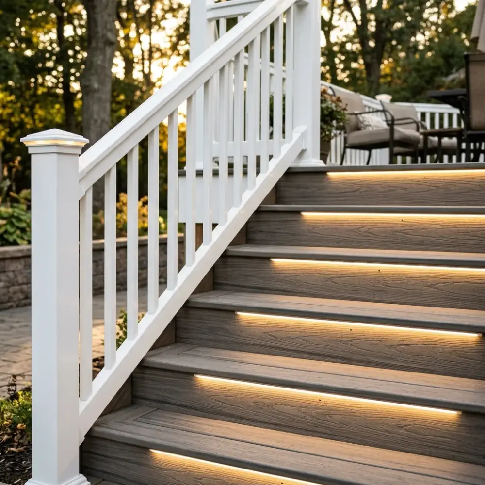 Finished composite deck replacement showcasing clean craftsmanship and modern black railings