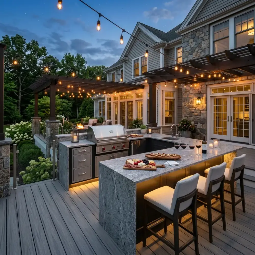 Elegant outdoor kitchen with stone countertops and built-in grilling station