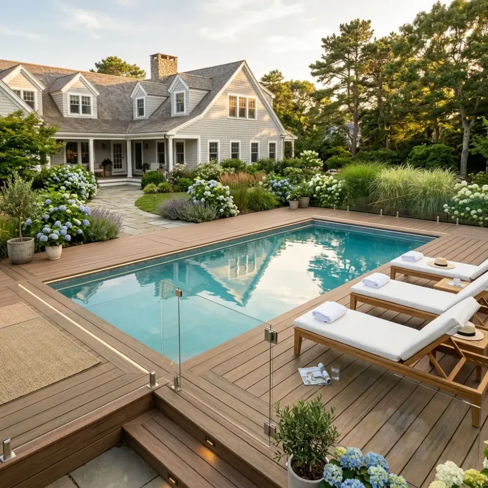 Luxury poolside deck with composite decking surrounding an in-ground pool
