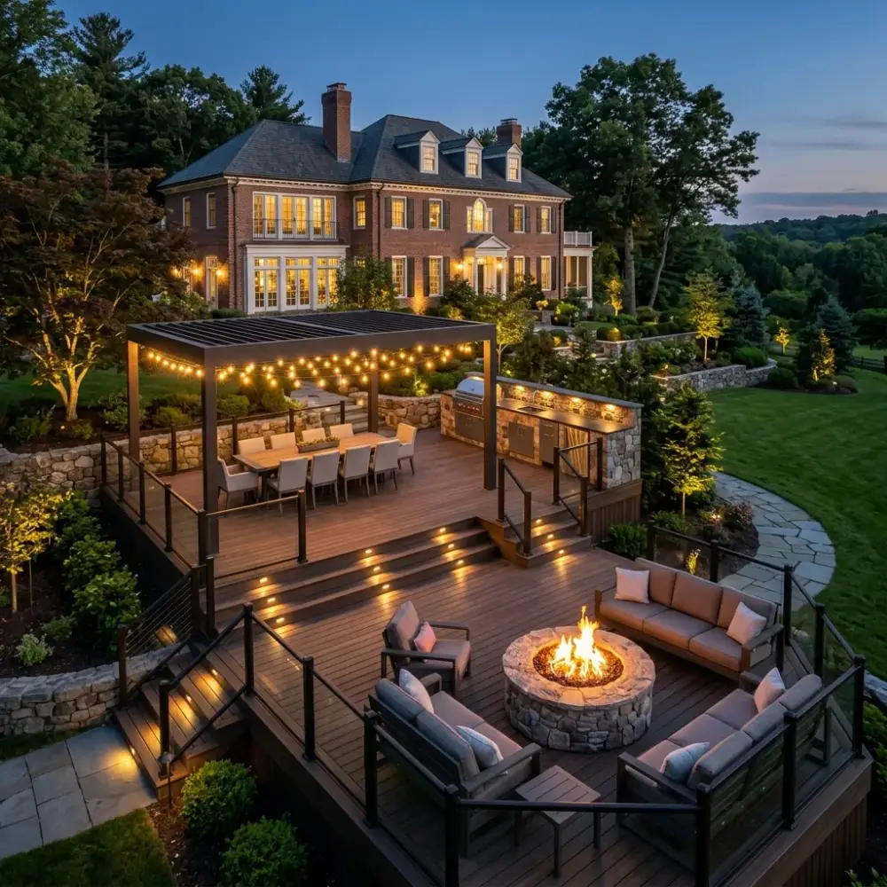 Chestnut Hill full outdoor living redesign with multi-level deck and entertainment area
