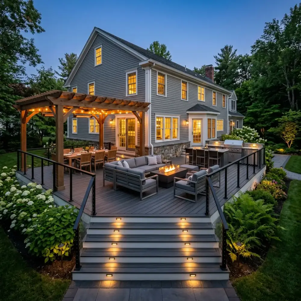 Wellesley entertaining deck with custom outdoor kitchen and integrated LED lighting