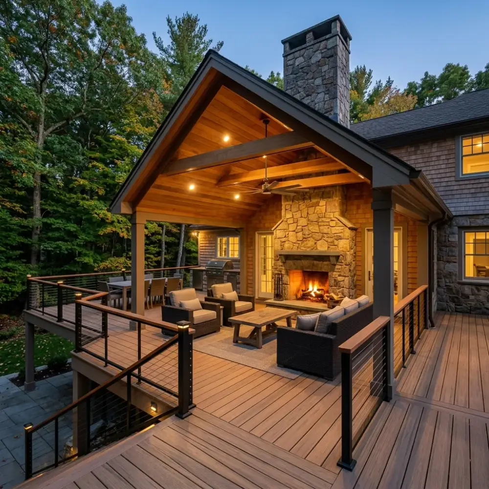 Weston backyard retreat with covered porch, fireplace and premium deck