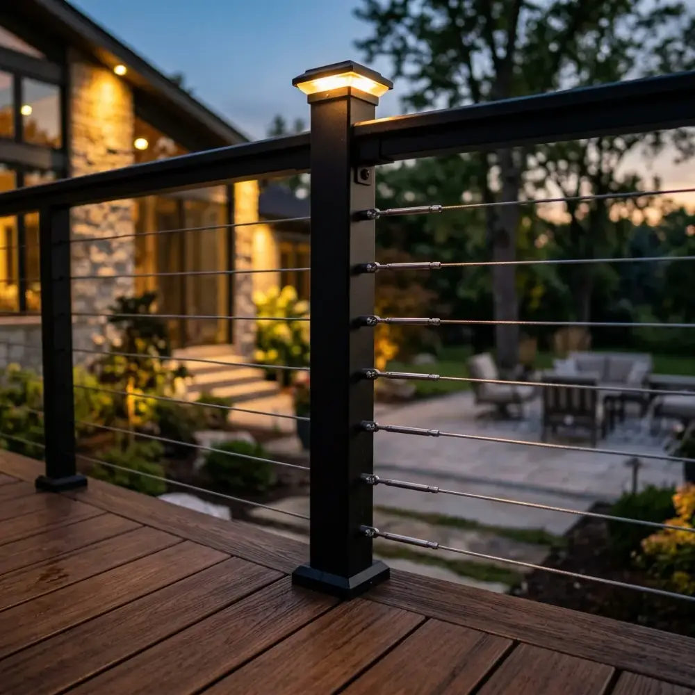 Premium black aluminum railings with integrated low-voltage LED lighting